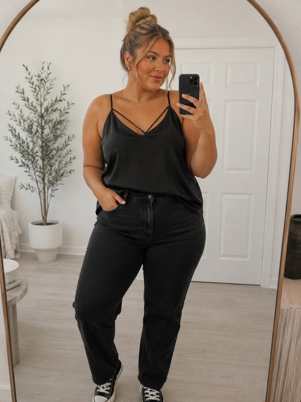 Black Satin Strappy Cami Top